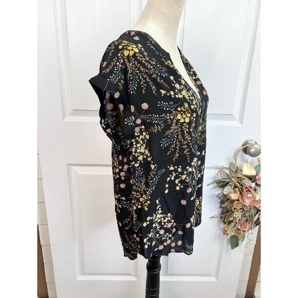 Philosophy Womens Black Floral V-Neck Cuffed Short Sleeve Blouse Bohemian Size S - Picture 8 of 11